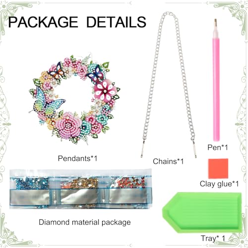 Image of AiYuanzsh 5D DIY Diamond Art Hanging Pendant Kit, Wreath Flower Butterfly Diamond Painting Ornament DIY Special Shaped Crystal Pendant for Door Wall Window Home Xmas Valentine's Day Gift