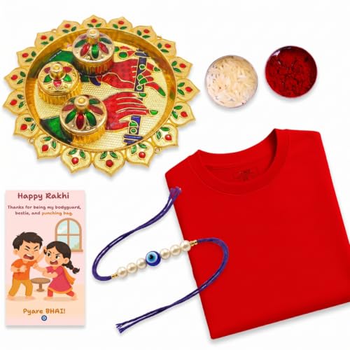 Image of Evil Eye Pearl Rakhi with Krishna Flute Designer Pooja Thali, Red T-Shirt, Greeting Card & Roli Chawal | Nazar Suraksha Rakhi Gift Combo for Brother | Raksha Bandhan Gift Set