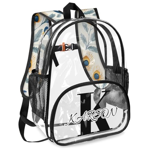 Personalized Small Clear Backpack Stadium Approved Heavy Duty PVC Plastic Custom Peacock Transparent Backpacks See Through Bag with Name, Blue Bird2