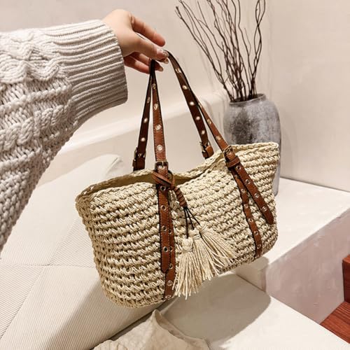 Women Straw Woven Bag Fashion Shoulder Bag Large Capacity Straw Tote Bag Adjustable Strap Stylish Handbag Vacation B3