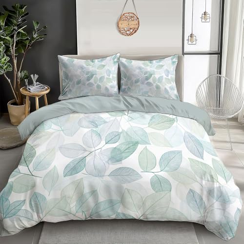 JSCWDET Aquarell-Pflanzenblätter Bettwäsche 135×200Cm 2Teilig, Üppiges Laubmuster Wendebettwäsche Leicht Weich Mikrofaser Bettbezug Und Kissenbezüge 80X80Cm Mit Reißverschluss - Mentholgrün
