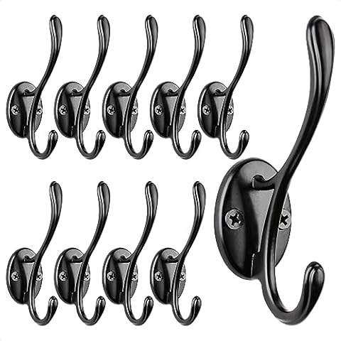COCOYA 10Pack Hook Wall Mount Heavy Duty Retro Rustic Vintage Farmhouse Simple Zinc Alloy Metal 2 Prong Matte Black with Screws Hanging Coat Hat Clothes Backpack Purse Jacket Entryway Mudroom Decor Cover