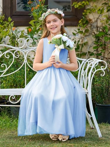 Haloumoning Girls Tulle Dresses Long A-Line Wedding Flower Girl Dress 4-14 Years4