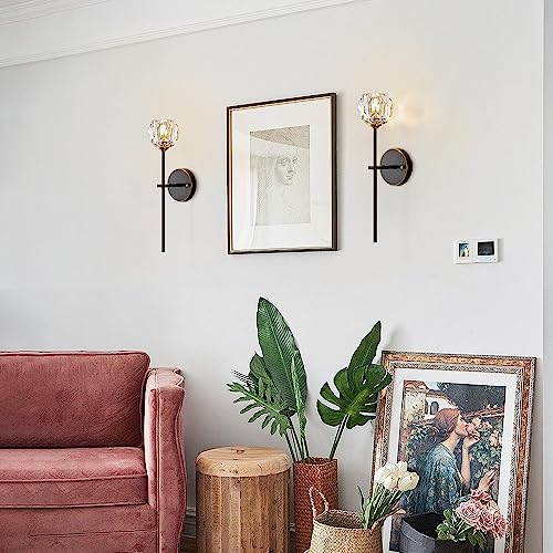 Image of BOKT Mid Century Matte Black Crystal Wall Sconce Lighting Set of 2 Modern Long Metal Wall Light Set of Two 1-Light Clear Glass Wall Lamp Retro Industrial Crystal Bathroom Vanity Light Fixture