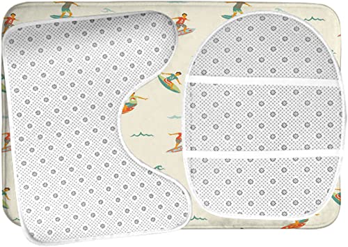 Badezimmerteppich-Set, 3-teilig, Surfbrett, Surfer, Meereswelle, Vintage, waschbare Badeteppiche, rutschfest, mit Rückenpolster, Konturteppich und Toilettendeckelbezug – Bild 6