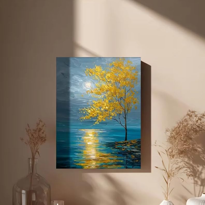 Grande toile moderne arbre doré paysage abstrait bleu et vert 65 x 130 cm sans cadre