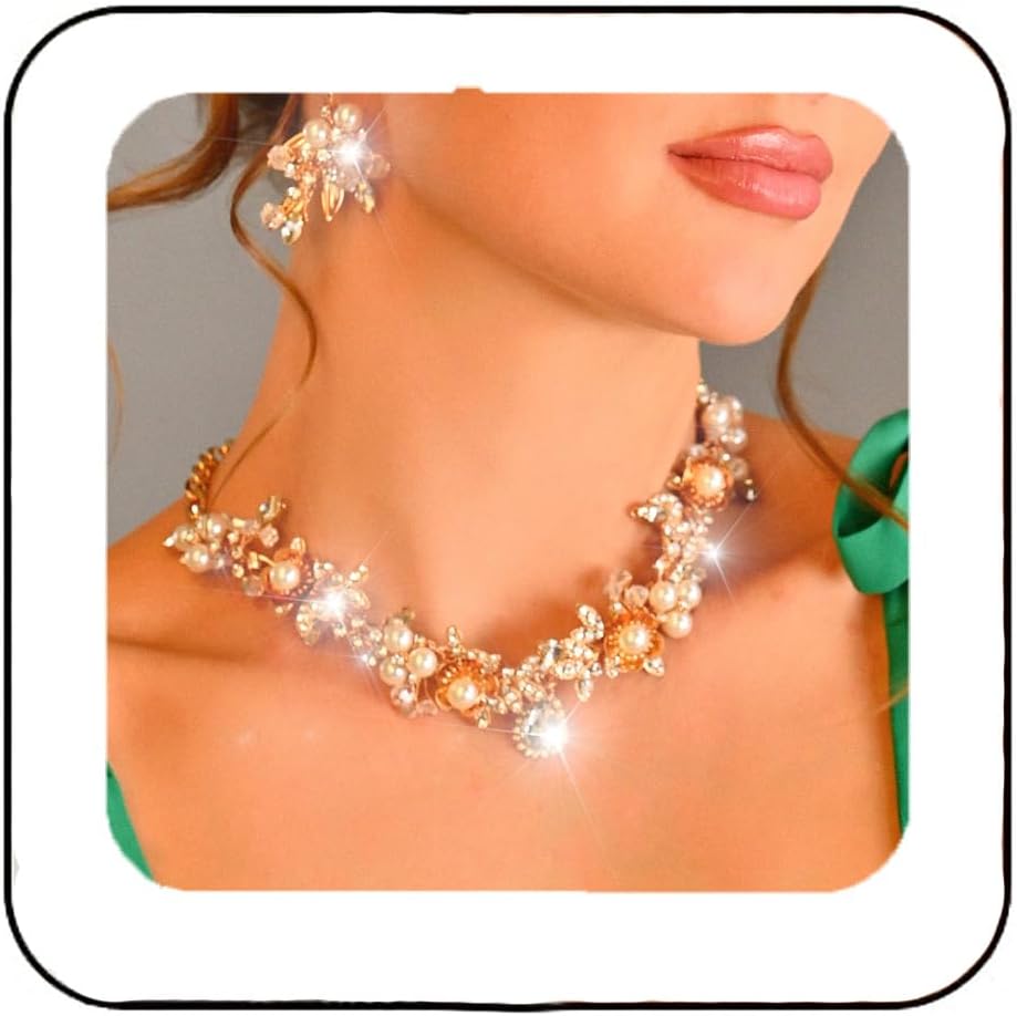 Aukmla Bridal Jewelry Set Gold Rhinestones Wedding Necklaces Earrings Sets Earring Sets Pearl Prom Costume Jewelry for Women and Brides