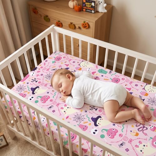 Image of JISEN Halloween Crib Sheet Soft Breathable Skeleton Ghost Fitted Crib Sheets for Standard Crib and Toddler Mattress Baby Bed Sheets for Boys Girls Neutral 52x28 Inch Pink