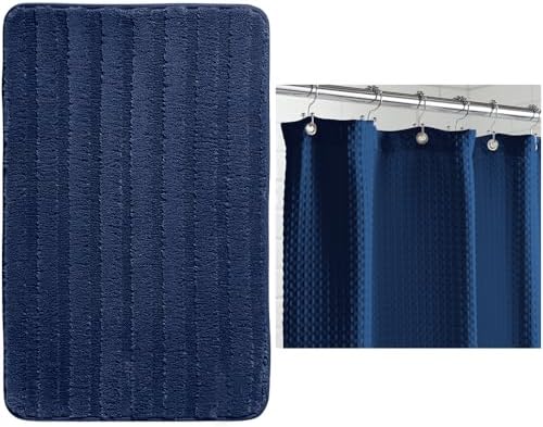 Bath Rug, 24x16, Navy and Shower Curtain, 72x72, Navy Bundle