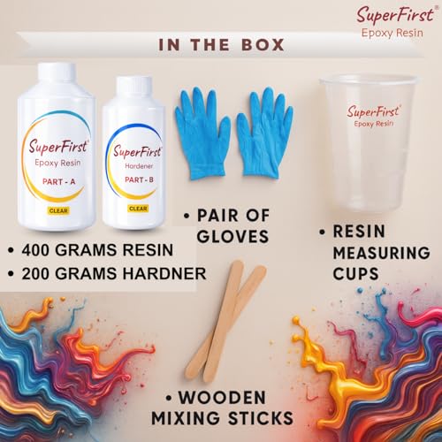Image of Crystal Clear Epoxy Resin 600 GM (2:1 Ratio) | UV Resistant, Low Bubble Art & Craft Resin | 24-Hour Cure Resin Art, Table Tops, Coating & Casting | 400-Gm Epoxy Resin With 200-Gm Hardener (600 GMS)