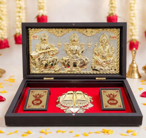 ARNAVIRA Lakshmi Ganpati Sarawati Gold Plated Photo Frame with Charan Paduka Pocket Temple for Diwali Gift, House Warming Gifts, Return Gift Puja Box