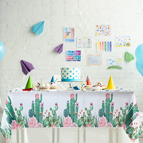 Breling 3 Piece Watercolor Cactus Tablecloth Plastic Waterproof Table Cover for Birthday Party Decorations Kitchen Dining Room Party Supply, 108 x 54 Inches