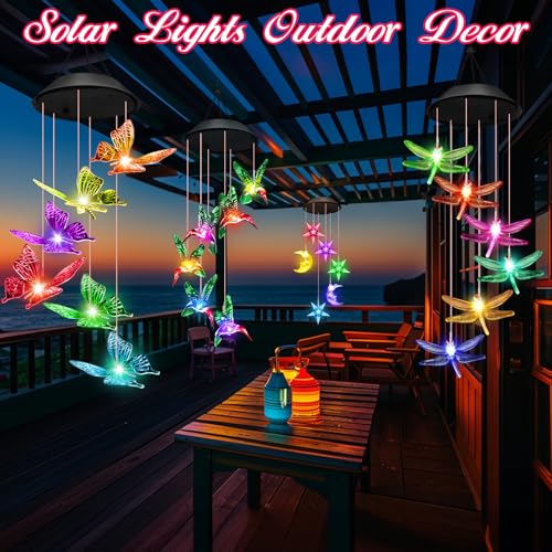 Valentines Day Gifts for Her Mom Grandma, Birthday Gardening Gifts for Women, Winzwon Solar Lights Outdoor Wind Chimes for Garden Yard Patio Porch Decor Hanging Butterfly Decorations