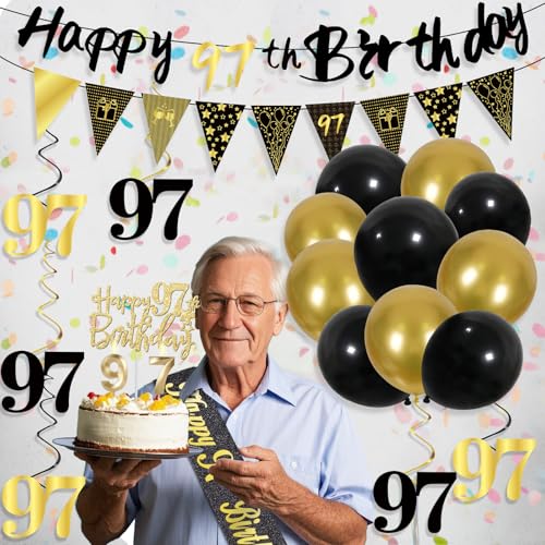 Image of 97th Birthday Decorations for Men, Black Gold 97th Party Decorations | 27pcs Happy 97th Birthdays Set: Banner, Honeycomb, Balloons, Gold Number, Candle, Hanging Swirls, Cake Topper, Party Supplies