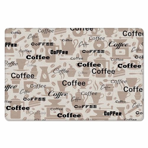 Coffee Brown Antifatigue Kitchen Bath Door Mat Cushioned Runner Rug,Washable Welcome Floor Sink Mat,Waterproof & Non-Slip Standing Doormat for Kitchen,Vintage Abstract Coffee Words Cups 20