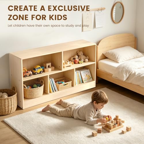 Image of Solid Rubber Wood Kids Storage Cabinet, 5-Section Toddler Montessori Bookshelf, Kids Organizer for Classroom, Playroom, Kindergarten, Medium Size