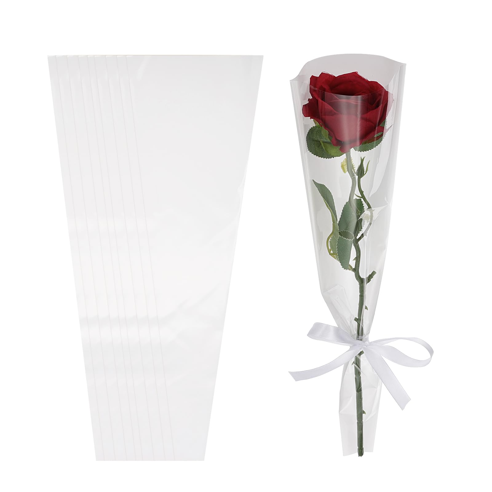 PATIKIL 100 Pack Flower Wrapping Bag, White Floral Packing Sleeves with Ribbons Cute for Bouquets Wedding Birthday Graduation Anniversary Arrangement Gift, 17.7"x4.7"x1.2"