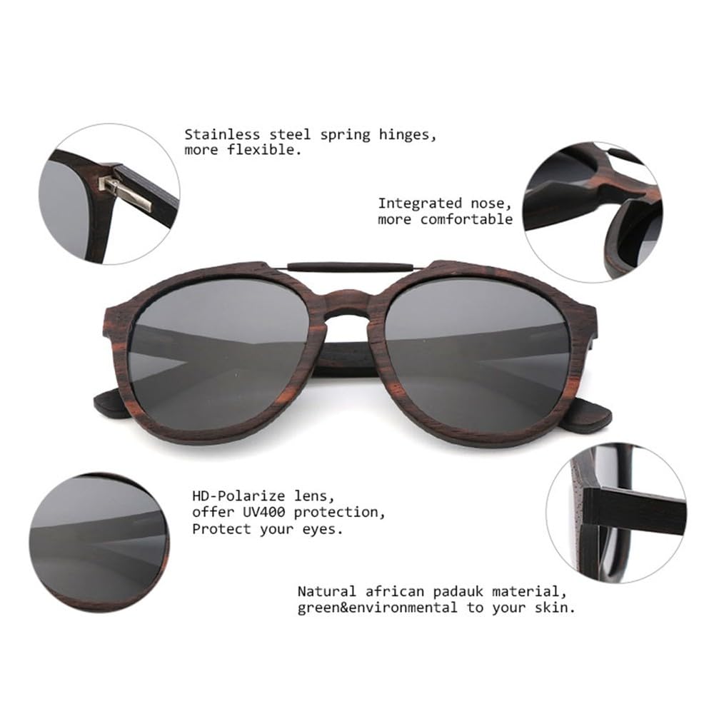 Occhiali da sole classici in legno con montatura ellittica, alla moda, protezione UV400 per uomo e donna, colore nero, con custodia rotonda in bambù.