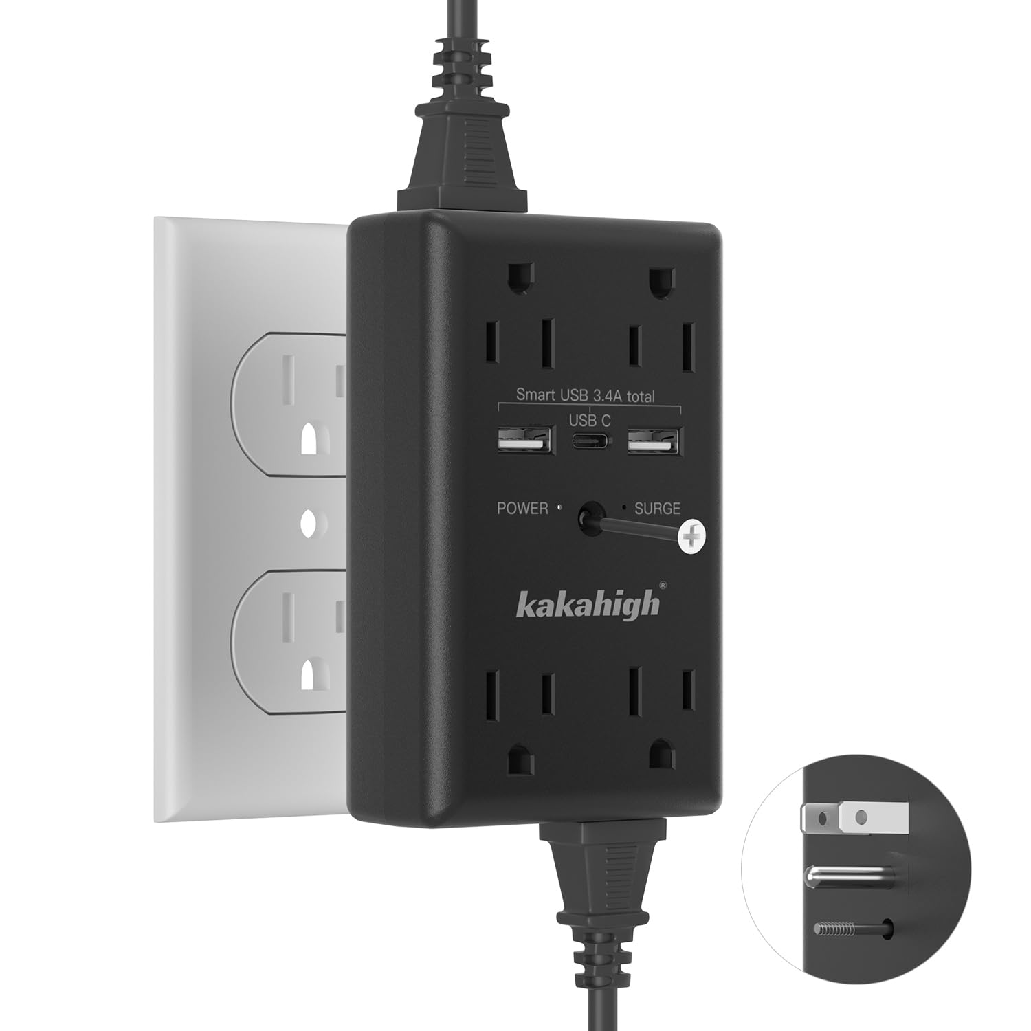 Black Wall Power Strip, 8 Way Outlets with 1680J Surge Protected, Multi Plug Wall Outlet with USB Ports, LED Indicator, 1875W Wall Mounted Surge