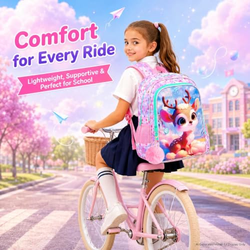 Image of AGSDON 3PCS Backpacks for Girls, 16 inch Kids Backpack with lunch box, Cute Deer Water Resistant Bookbag Set for Preschool Toddler