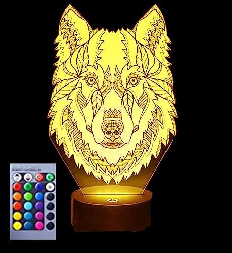 Jinnwell 3D Wolf Night Light Lamp Illusion 16 Color Changing Table Desk Decoration Lamps Gift with Acrylic Flat ABS Base USB Cable Toy