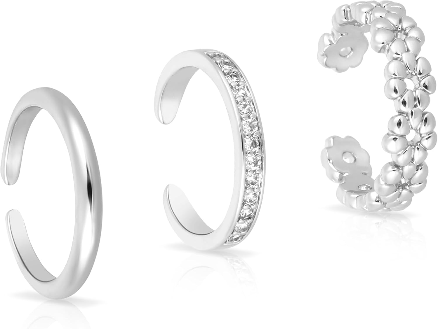 Mikovivi 3pcs Silver Toe Rings, Open Adjustable Copper Toe Ring Set Flower Diamond Plain Foot Ring Summer Beach Foot Jewelry for Women