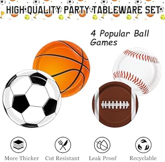 QIYANPAX Sports Birthday Party Decorations, Sports Theme Party Plates and Napkins Baseball Football Soccer Basketball Disposable Tableware Serves 20 Guests for Birthday Party