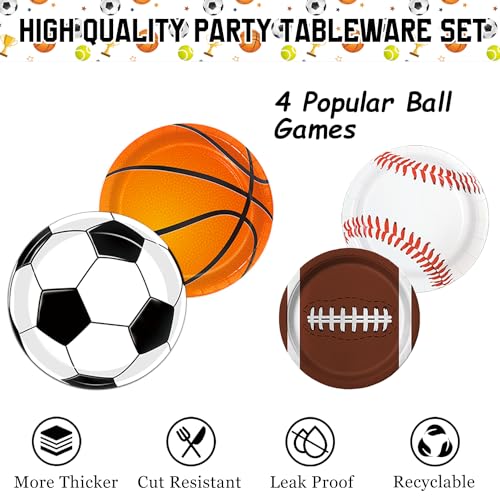 QIYANPAX Sports Birthday Party Decorations, Sports Theme Party Plates and Napkins Baseball Football Soccer Basketball Disposable Tableware Serves 20 Guests for Birthday Party