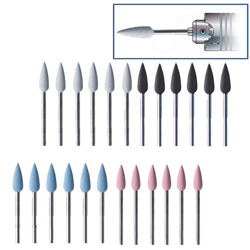 Silicone Pointed Teardrop Polisher Set of 24 Silicone Polishing 15.5 x 5.6mm Kit Assortment 4 Grades - Coarse White/Medium Black/Fine Blue/Extra Fine Pink Made in Germany