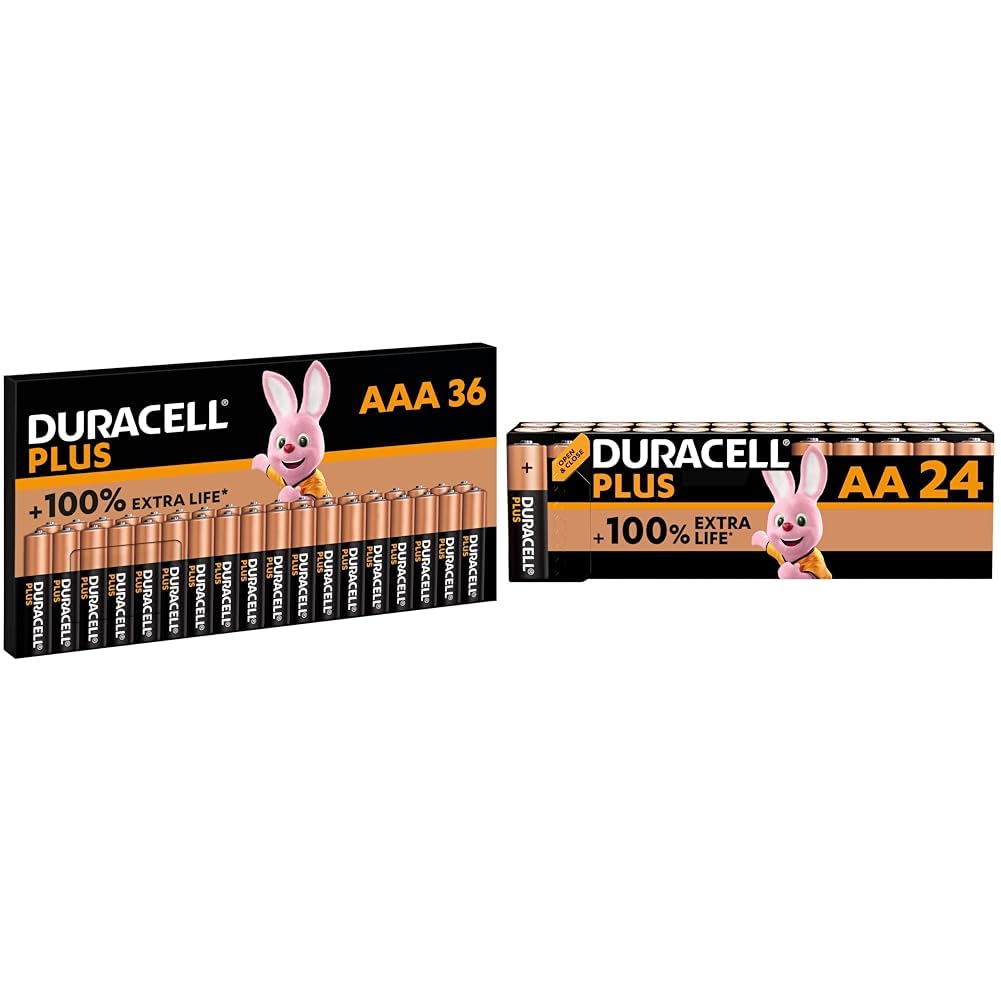 Duracell Batterie Plus AAA(pacco da 36) - Alcalina 1.5V - Fino al 100% di extra durata & Batterie Plus AA (pacco da 24) - Alcalina 1.5V - Fino al 100% di extra durata