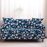 MWMG Funda Sofa Rinconera,Fundas Elásticas para Sofá,Estilo Campestre,Flor De Cerezo En Flor,Silueta De Planta,Azul Oscuro,Estampado 3D,Spandex,Antideslizante,para Sofá,Fundas para Sofá De Dos Plazas
