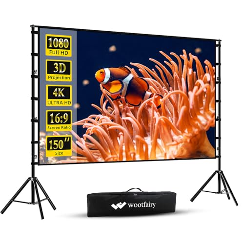 Wootfairy Projektionsleinwand mit Ständer 381 cm (150 Zoll) tragbare und faltbare Projektionsleinwand 4K HD 16:9 knitterfreie Filmleinwand für Rück- und Frontprojektion mit Tragetasche für drinnen