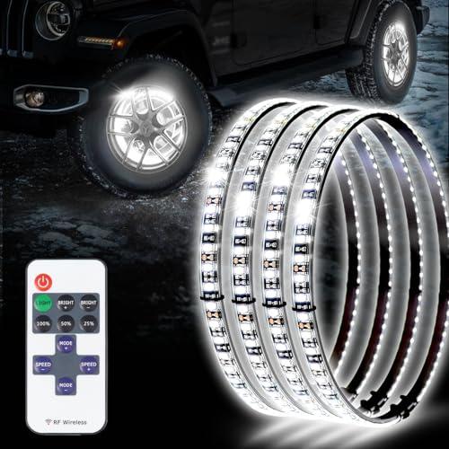 Tavaray 4PCS 14 Pure White Wheel Lights Adjustable 6500K Ultra-Bright LED with Remote Control & Flashing Modes LED Wheel Ring Lights for Trucks Cars SUVs Pickups Vehicle Offroad