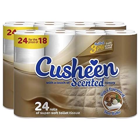 Cusheen by Splesh Toilet Roll Bulk Buy - Pack of 48 Rolls (2 x 24 Packs) Quilted White 3 Ply Shea Butter Fragrance Toilet Rolls Cover
