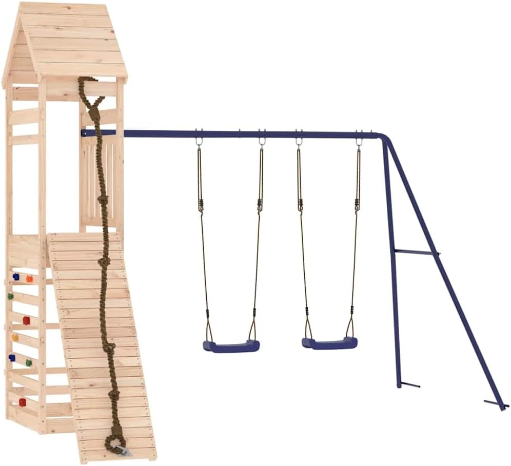 Natural Wood and Blue Outdoor Playset with Climbing Wall and Swings for Active Play, Solid Pinewood Construction, Holds Up to Four Kids, Rustic Finish for Garden