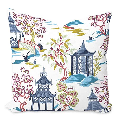 Chinoiserie Cushion Cover Pagoda Pillow Cover White Coral Blue Pillowcase Chinoiserie Chic Asian Pillow Farmhouse Home Decorative Pillows For Sofa Couch Living Room Housewarming Gift White Flax 18Inch #TOP7