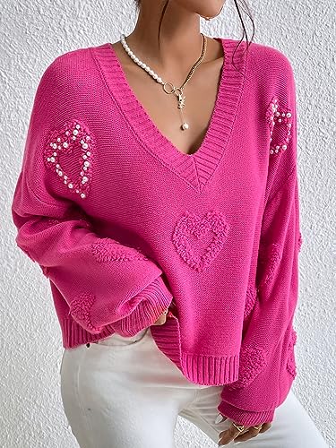Verdusa Women's Pearls Heart Sweater V Neck Drop Shoulder Long Sleeve Knit Sweaters Tops4