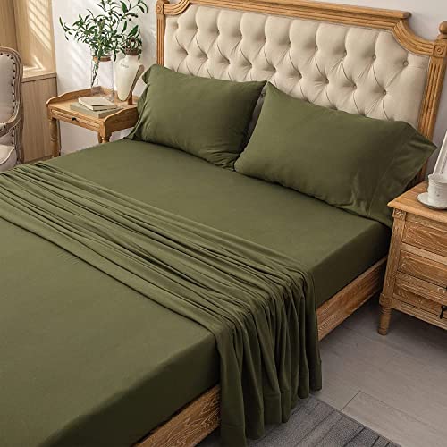 PURE ERA Jersey Knit 4pc Bed Sheet Set 100% T-Shirt Cotton Super Soft Comfy Breathable Fits Mattress Up to 20" Extra Deep Pocket (Solid Olive Green, Cal King)