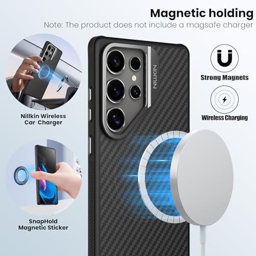 Image of Nillkin Carbon Fiber, Polycarbonate, Metal For Samsung Galaxy S25 Ultra Carbon Fiber Protective Case Case With Camera Kickstand [ Compatible With Magsafe /Military Grade Drop Tested ]- 6.9'' Black