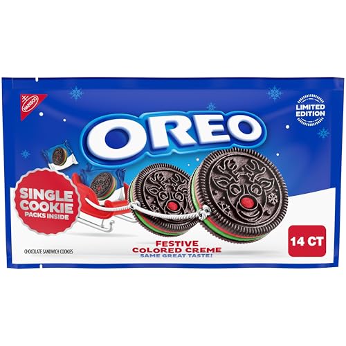 OREO Red and Green Festive Colored Creme Chocolate Sandwich Cookies, Limited Edition Holiday Cookies, 14 Snack Packs (1 Per Pack)