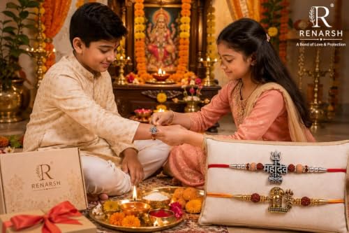 Image of Pack of 2 Mahadev Rakhi for Brother | Shivling, Trishul and Damru Designer Set with Rudraksha-Style Beads | Raksha Bandhan Rakhi for Men & Boys