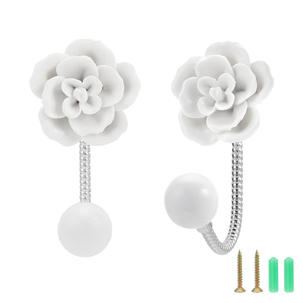NBEADS 2 Sets Flower Ceramic Wall Hooks, White Floral Wall Coat Hooks Decorative Robe Hooks with Screw and Anchor Plug for Scarf Bag Towel Hat in