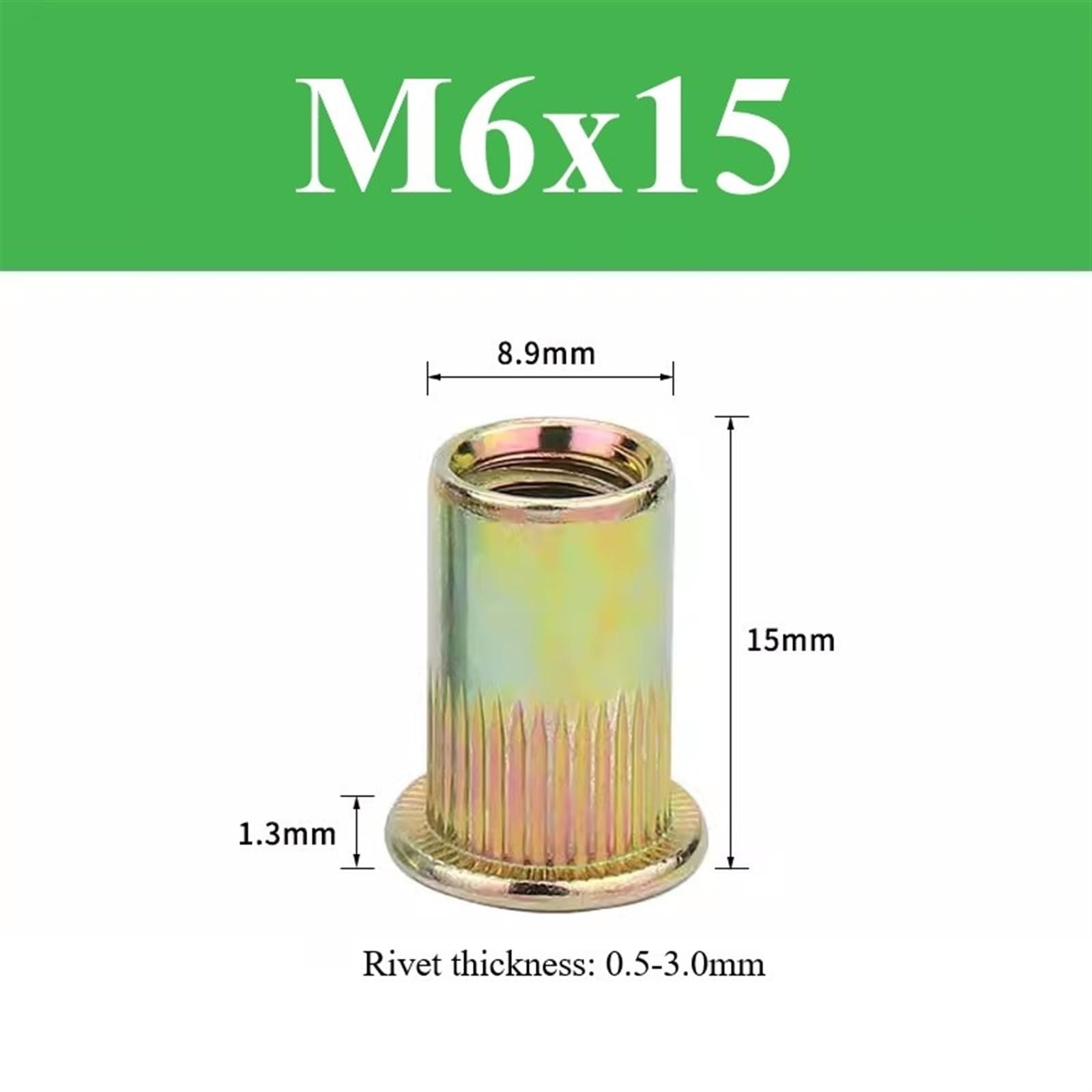 Inserto filettato a Testa Piatta per Dadi, Dadi a Rivetto Piatto filettati in Acciaio al Carbonio zincato M3-M6 Multicolore Confezione da 100(M6)