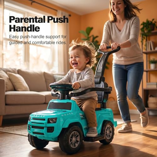 Image of Baybee Rover Pro Ride on Cars for Kids | Portable Baby Push Rideons with Parental Handle & Safety Guardrail | Ride on Car with LED Lights, Music & Backrest | Kids Car to Drive 1-3 Years (Teal Green)