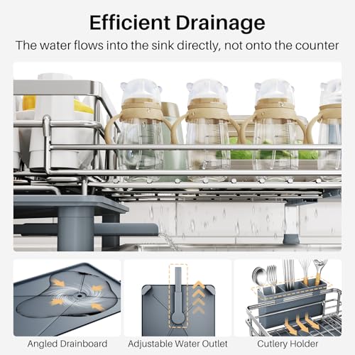 Image of Expandable Dish Drying Rack for Kitchen Counter, Stainless Steel, Silver | Foldable Over Sink, Large Capacity, Adjust to Fit Most Sinks, Angled Drainboard, Removable Utensil Holder, Slip Resistant