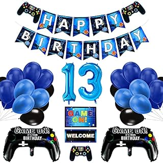 Vubkkty 13th Birthday Decorations for Boys, Gaming Party Decorations Supplies Set, Controller Balloons and Blue Black Balloons, HAPPY BIRTHDAY GAME ON WELCOME Hanging Banner for Boys