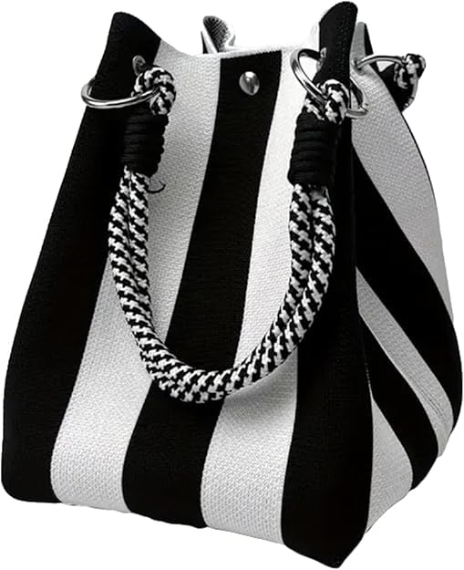 Image of Kawn Knit Crochet Tote Bag for Women - Striped Bucket Style Shoulder Handbag | Lightweight Boho Beach Purse for Travel, Vacation & Casual Use