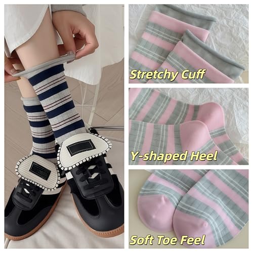Image of 5 /10 Pairs Retro Style Colorful Striped Socks, Cute Athletic Crew socks for Women