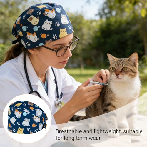 THXFUNAREA OP Haube Damen – Arbeitsmütze mit Katzenmotiv, Stoff OP Haube mit Bindeband, OP Hauben für Klinik Praxis Pflege