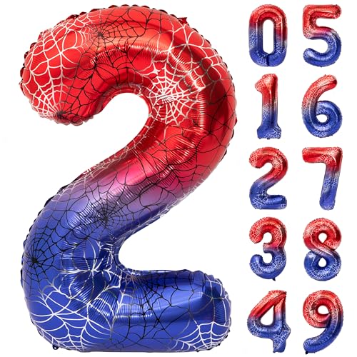 Image of 40 In Red And Blue Spider Theme Large Number 2 Balloon | Giant Large Helium Foil Balloon for Boy or Girl 2 th Birthday Wedding Anniversary Baby Shower Party Decorations